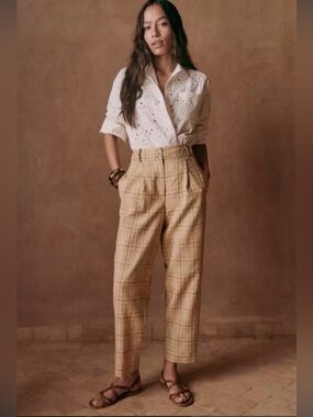 NWT Sézane Cyprien Straight Trousers in Ochre Check Print - Size 8 (FR Size 40)